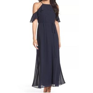 Navy Blue Womens Ruffle Cold Shoulder Sheath Dress